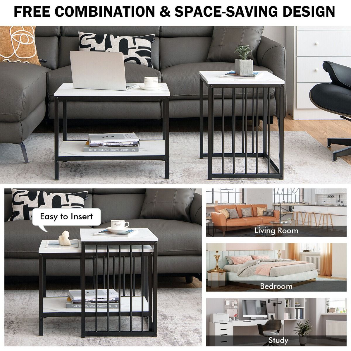 Set of 2 Modern Stackable Coffee Nesting Tables with Storage Shelf